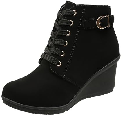 Generisch Women's and Winter Fashion Wedge Heel Platform Lace-Up Ankle Boots Warm and Comfortable Style Shoes 35 Girls, black, 6 UK