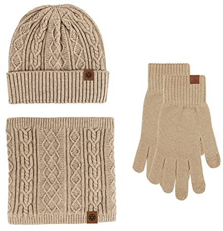 Wintermütze, Schal, Handschuhe, Set, warm, gestrickt, Halswärmer, Wolle, Thermokappe, Outdoor-Sport, Skifäustlinge, Herren und Damen, Schal, Handschuhe, Mütze für Herren, khaki, Einheitsgröße
