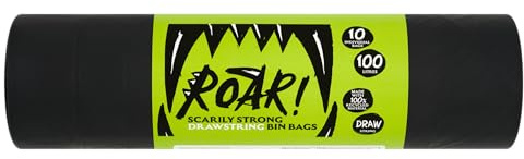 Roar! Müllsäcke 100 Liter, 10 Doppel-Kordelzug Ultra Stark Schwarz Müllsäcke, 100% recycelter Kunststoff, Alltags-, Haushalts-, Büro- & Küchenabfälle