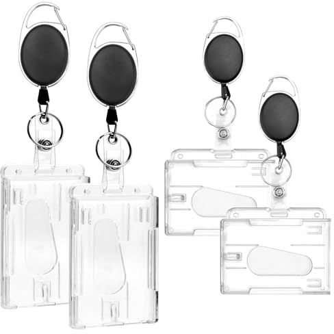 HENGBIRD 4 Piezas Portatarjetas Retráctiles con Clip, Mosquetón y Funda Transparente, Vertical y Horizontal, Tarjetero Doble Cara para Trabajo, Oficina, Autobús, Estudiantes, Personal de Seguridad