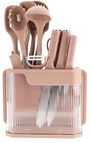 AVEKI Kitchen Utensil Set, 17 Pieces Non-Stick Silicone Cooking Utensil and Stainless Steel Knives Set with Holder, Heat Resistant Kitchen Gadgets Utensil Sets, Home Kitchenware Accessories (Pink)