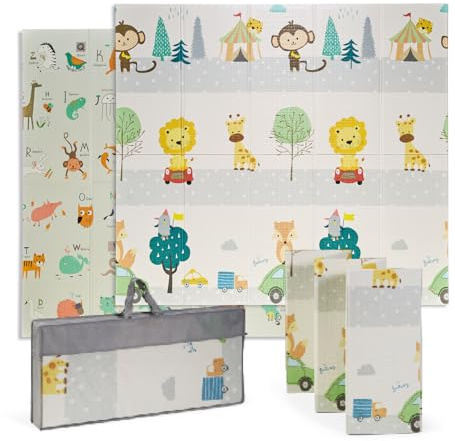 Buddy Baby - Alfombra de Juegos para Bebé XXL180x200 cm - Doble Cara, Tapete Muy acolchado, Plegable y con Bolsa de transporte (León/Monito)