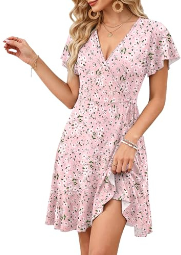 WNEEDU Damen V Ausschnitt Kurzarm Sommerkleid | Rüschenärmel,Hohe Taille Taillenzugschnur,Unregelmäßiger Saum Wickelkleid