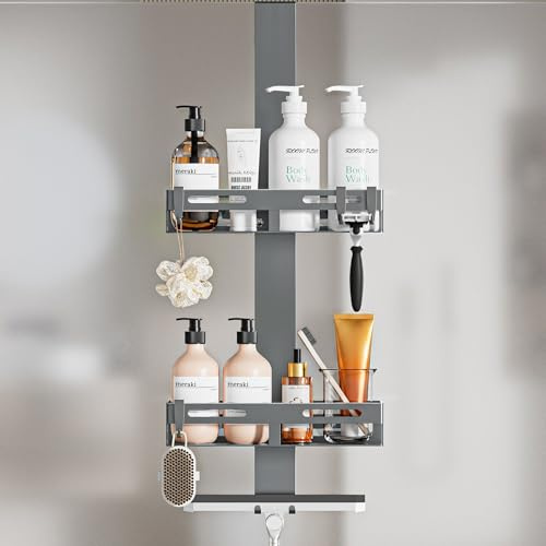 Wisfame Duschablage Zum Hängen Grau, Duschregal Ohne Bohren für Glastür | Duschkorb zum Hängen für Glastür bis 18mm, Ohne Bohren, Saugnäpfe & EVA-Pads für Stabilen Halt, Viele Haken, Rostfrei