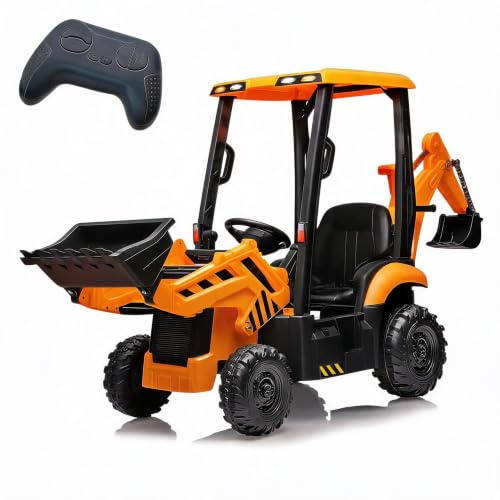 ZoomBuggy 12V Elektro-Traktor für Kinder mit mechanischer Schaufel, Kinder-Traktor mit verstellbarem Arm, Ferngesteuerter Bagger mit abnehmbarem Dach, 2–4 km/h, für Kinder ab 3 Jahren, Gelb