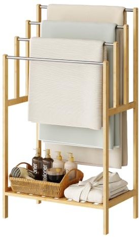 EUGAD Bathroom Towel Rack Ladder 4 Steel Rails Bamboo Shelf 50x30x90cm