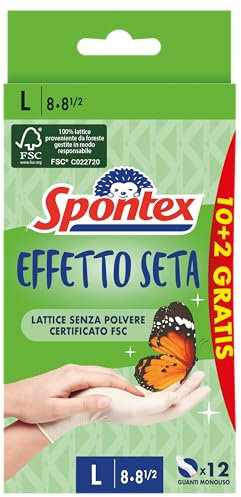 Spontex Guanti Monouso Effetto Seta 10+2, Lattice naturale, Senza Polvere, Taglia M