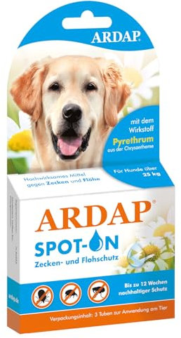 ARDAP Spot On für Hunde über 25kg - Natürlicher Wirkstoff - Zeckenmittel für Hunde, Zeckenschutz Hund, Flohmittel Hund - 3 Tuben je 4ml - Bis zu 12 Wochen nachhaltiger Langzeitschutz (PT19)