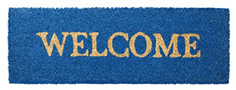 Relaxdays Fußmatte schmal WELCOME als Kokos Fußabtreter mit rutschfstem Gummi PVC Türmatte optimal für Balkon Terrasse Flur Veranda Haustür Eingangsmatte und Kokosmatte HBT: 1,5 x 75 x 25 cm, blau