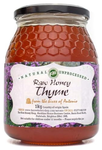 Miel de Thym Brut Biologique Antonio, 1kg – Certifié Bio, Non Pasteurisé, 100% Naturel – Miel Espagnol de Montagne – Léger & Crémeux avec Subtiles Notes Herbacées, The Raw Honey Shop