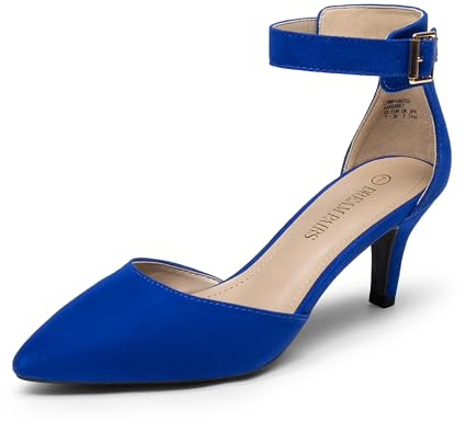 DREAM PAIRS Womens Court Shoes Pointed Toe Low Kitten Heel Ladies Pumps Ankle Strap Dress Sandals,Size 5,Royal/Blue,LOWPOINTED