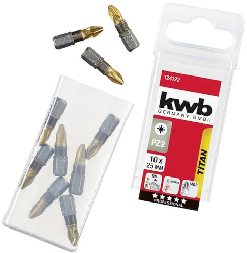 kwb Titan Bits – Juego de 10 puntas PZ 2 bits 25 mm, caja de bits, 1/4 hexagonal exterior, universal