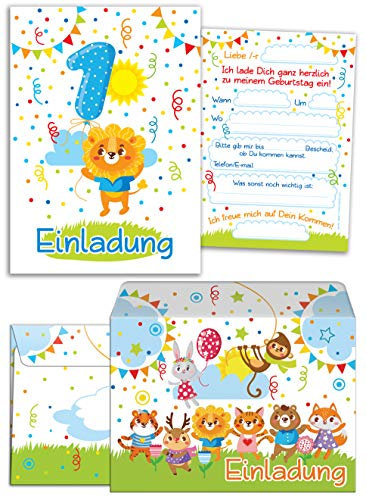 JuNa-Experten 8 Einladungskarten zum 1. Kindergeburtstag für Jungen/bunte Einladungen zum Geburtstag für Jungen Süße Tierchen/Süßer Löwe (8 Karten + 8 Umschläge)