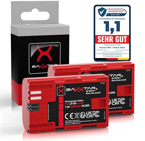 Baxxtar 2X Batería para Canon LP-E6 LPE6 EOS 5D Mark I-IV, 2250mAh 7.2V | Compatible: Canon EOS 5D, 5D Mark II / Mark III / Mark IV, 5DS R, 60Da, 6D Mark II, 7D Mark II, Canon WFT-E5, WFT-E7, XC10