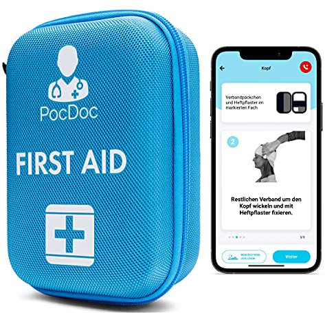 PocDoc Outdoor - Intelligent First Aid Set with free APP (iOS & Android) - Travel, Sports & Motorcycle - Filling according to DIN 13167 - Plus tweezers & wound cleaning wipes