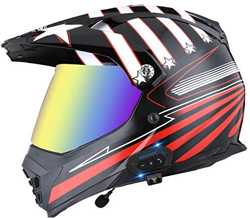 ZLYJ Casco Moto Enduro Calotta Esterna in ABS, con Doppia Visiera Parasole Integrata Bluetooth, Pettine Sierra Casco Adulti Omologato ECE 11,M(57-58cm)