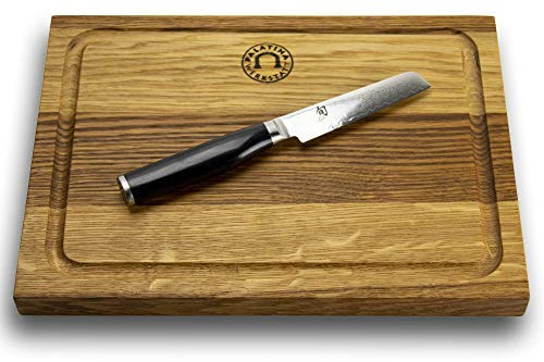 KAI Shun Premier Minamo TMM-0700 - Die ultimative Schärfe und Präzision mit dem Officemesser der Extraklasse + 100% handgefertigtes Schneidebrett Unikat aus Eiche 30x22cm