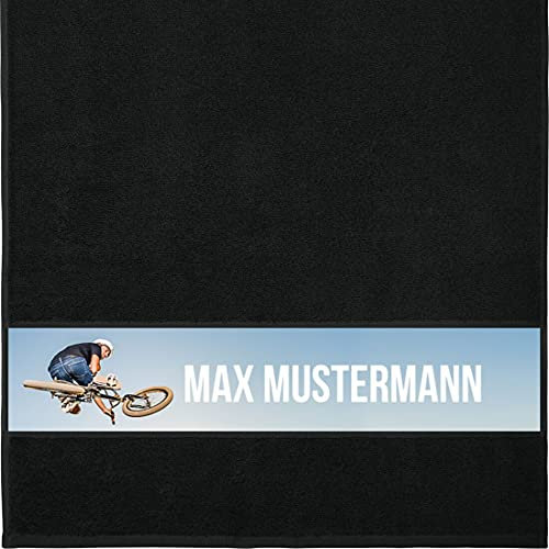 Manutextur Handtuch mit Namen - personalisiert - Motiv Radsport - viele Farben & Motive - Dusch-Handtuch - schwarz - Größe 50x100 cm - persönliches Geschenk mit Wunsch-Motiv und Wunsch-Name