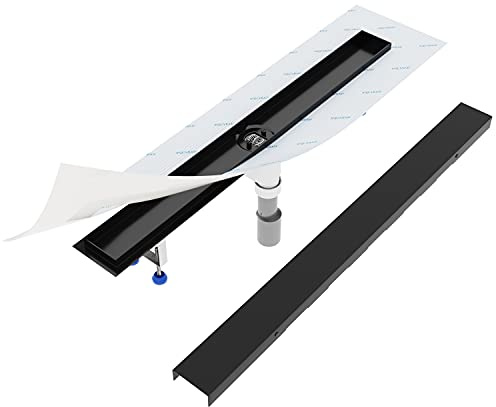 Aquabad Duschrinne SDS Schwarz Matt aus Edelstahl, Komplett Set mit Blende: Bord, Siphon und Haarsieb, Länge 60 cm, senkrechter Abgang Mitte