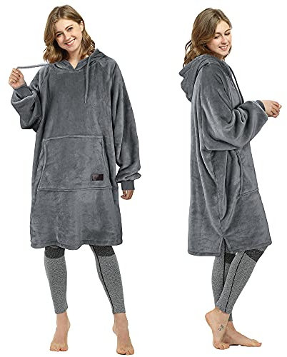 Catalonia Classy Slim Fleece Hoodie Blanket, Soft Warm Wearable Blanket, Gifts for Teens Girls Boys, Lightweight Pullover Hoody for Men Women, Dark Grey