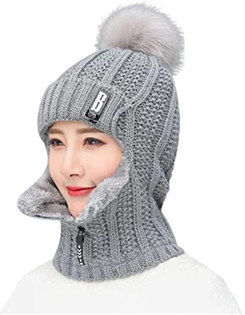 PAIDAXING Beanie Strickmütze Damen Mütze & Schal Fleece Gefüttert Ohrenschützer Wintermütze Neverless Thermal Radfahren mit Bommel-Mütze Damenmützen