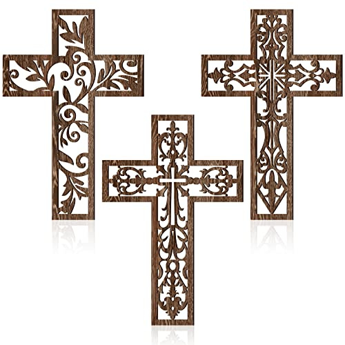 Yookeer 3 Pcs Wooden Cross Wall Decor Cross Hanging Handmade Antique Religious Brown Wooden Home Decorations Hand Carved Wall Decor for Church Home Office Baptism Gift for Christian