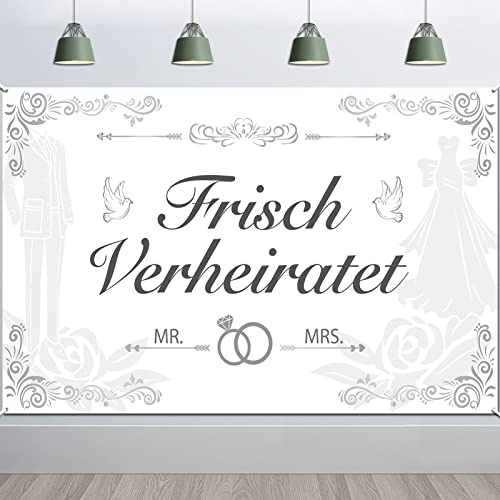 DPKOW Groß Frisch Verheiratet Banner für Hochzeit Dekoration, Mr und Mrs Banner Deko für Hochzeit Garten Terrasse Wand, Just Married Deko Hintergrund, 185 * 110cm