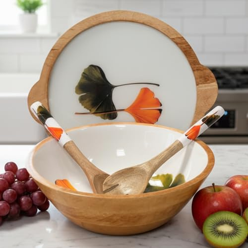 Hartsmede Wooden Salad Bowl with Lid & Spoons – 12 Handmade Mango Wood Covered Serving Bowl with Food-Safe Enamel Interior for Salad, Pasta or Fruit, Rustic Eco-Friendly Kitchen Gift (Genko)