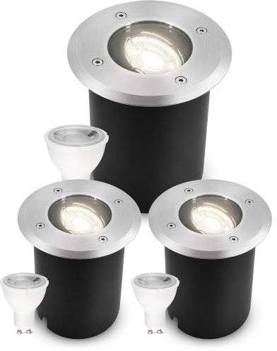 SSC-LUXon JUAVI Bodeneinbaustrahler 3x rund IP67 GU10 dimmbar neutralweiß | Drei dimmbare Bodenstrahler rund IP67 für Garten & Terrasse - neutralweiß, schwenkbar, befahrbar, inkl. GU10 LED