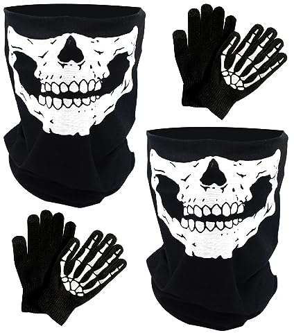 JOYUE Skelett Maske Skeleton Gloves, 2 Stück Totenkopf Maske + 2 Paar Leuchtende Skelett Handschuhe, Schädel Motorrad Skelett Halbe Gesichtsmaske, Face Mask Black Skull for Halloween Kostüm Party
