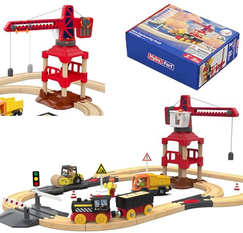 3T6B Holzeisenbahn Set 58PCS, Holzeisenbahn Schienen und Trenes Eléctricos de Juguete, Magnetische Turmkräne, 360 Grad Drehung, für Alle Großen Marken, Holzzug Spielzeug für Kinder ab 3+