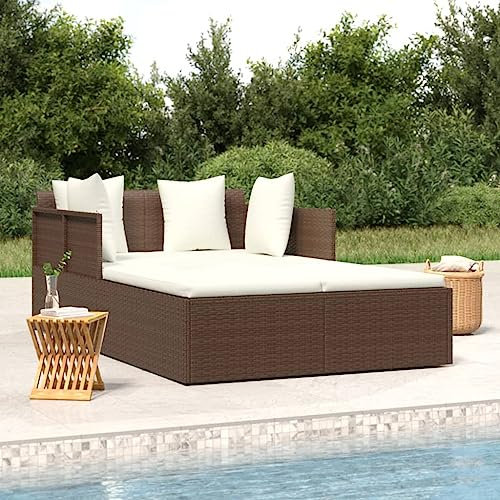 KOIECETA Sonnenliege Gartenliege mit Kissen 2-Personen Liegestuhl Liege für Pool Garten Terrasse Relaxliege Strandliege Gartenmöbel Poly Rattan Braun