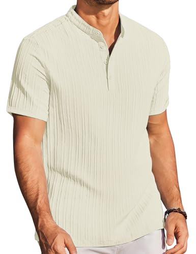 COOFANDY Vardagliga kortärmade tröjor för män Henley skjorta bandkrage sommar strand texturerade skjortor, BEIgE, XL