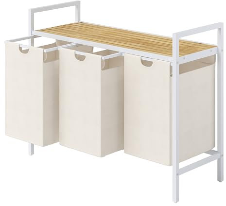 STEELSØN Rigil Wäschesammler 3 Fächer – Wäschekorb mit 1 Bambus Ablage – 3x 40 L Wäscheboxen in weiß – Metall Wäschesortierer – ausziehbare & herausnehmbare Wäschesäcke – Schmutzwäschebehälter