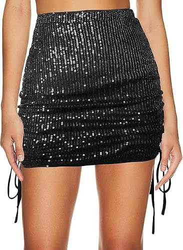 MAYFASEY Damen Paillettenrock Glitzernder Glitzer Bodycon Miniröcke Seitlicher Kordelzug Rüschen Mini-Bleistift Kurzer Rock