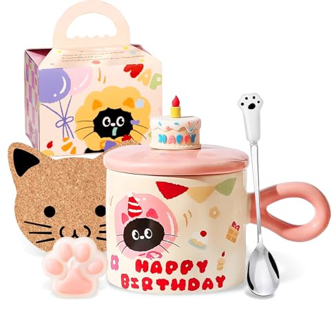Regali di compleanno per le donne carino gatto nero tazze con coperchio Kawaii Kitty tazza da caffè gatto tazze per gli amanti dei gatti decorazioni per torte di compleanno regali per gatti regali
