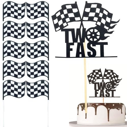 11Pcs Race Car Flag Cupcake Toppers Racing Theme Happy Birthday Cake Decorations Party Accessories for Boys Birthday Celebration