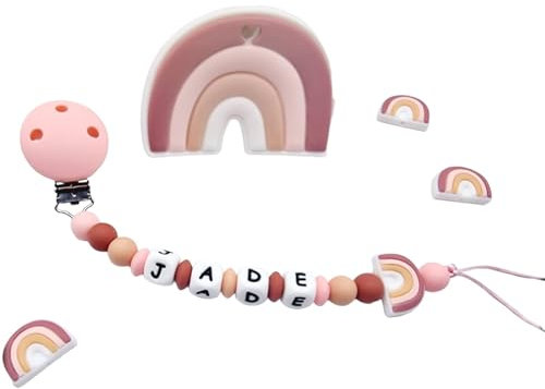 Attache tétine sucette personnalisée/prénom/bébé naissance cadeau, modèle arc en ciel silicone (Attache + Porte Clés)
