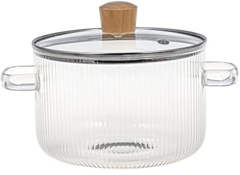 Wedhapy Glass Cooking Pot with Lid,Glass Pot 1.6l/54oz Heat Resistant Borosilicate Glass Ribbed Pot with Handles, Clear Glass Cookware Simmer Pot Safe for Soup, Milk