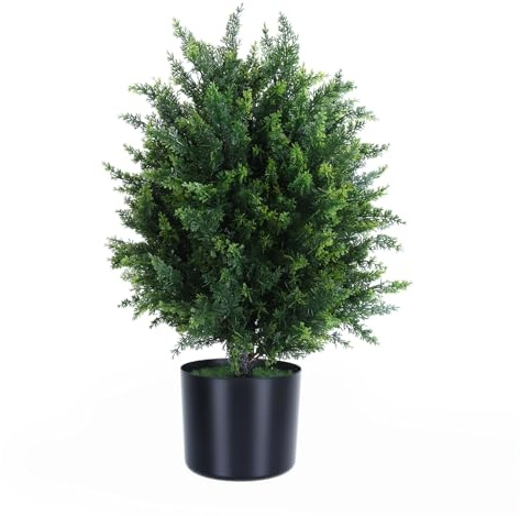 Makamsui Albero artificiale a sfera di cipresso, 55 cm, bonsai finto di cipresso, confezione da 2 piante in vaso finto con vaso di cemento, per casa, veranda, giardino, cortile, decorazione verde