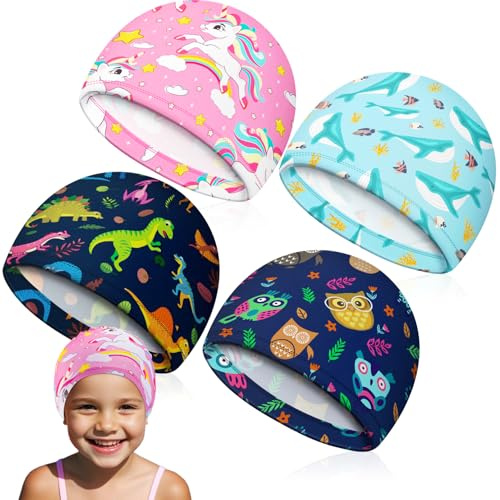Gabotrie 4 PCS Kids Swim Caps, Cloth Fabric Swimming Caps, 4 Catoon Pattern | Cute Children Swim Bathing Cap for Long and Short Hair, Swimming Hat Pool Cap for Kids Boys Girls, Whale Owl Unicorn Dinosau