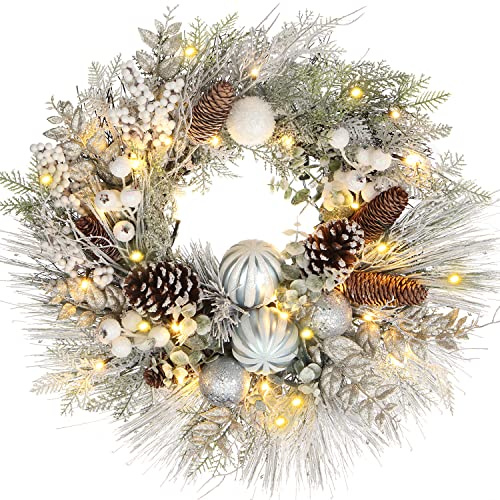 61cm/24 Inch Christmas Wreath with LED Lights, Artificial Wreath with Pine Cone, Berries & Silver Baubles, Door Wreaths White Winter Holiday Christmas Decorations for Front Door Fireplace Mantel