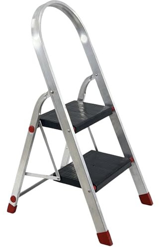 Scala Pieghevole in Alluminio, 2 Gradini, con Piedini Antiscivolo, Struttura Leggera per Uso Domestico