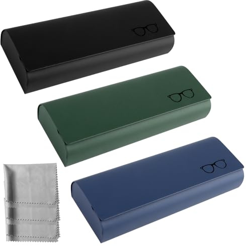 Etui Lunettes Rigide, 3 Pièces Étui à Lunettes avec 3 Chiffon en Microfibre, Boîte à Lunette en Cuir PU, Portable Boite Lunette Unisexe Femme Homme Enfant, pour Lunettes de Soleil, Presbytie, Myope