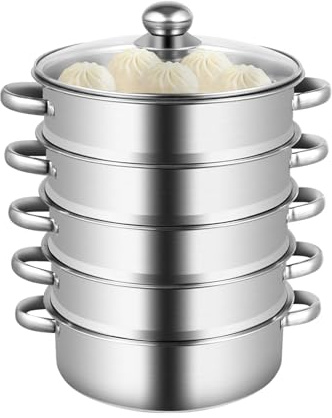 5-Tier Stainless Steel Steamer Pot, 26cm/28cm/30cm Food Steaming Pot Dishwasher-Safe, Vegetable Steam Cooker with Glass Lid, for Vegetable Dumpling Seafood, Suitable for Various Stoves (26cm)