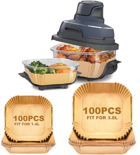 VIKKI 200 Stück Airfryer Backpapier für Ninja CRISPi tragbare Airfryer FN101EUGY 3.8L & 1.4L, Hitzebeständig Antihaft Heißluftfritteuse Backpapier Zubehör für Ninja FN101EUSG/ST