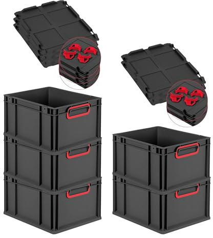 PROREGAL SparSet 5x Eurobox NextGen Color mit Auflagedeckel & Schiebeschnappverschlüsse, HxBxT 22x30x40cm, 20L, Schwarz, Griffe rot geschlossen, Eurobehälter, Transportbox, Transportbehälter