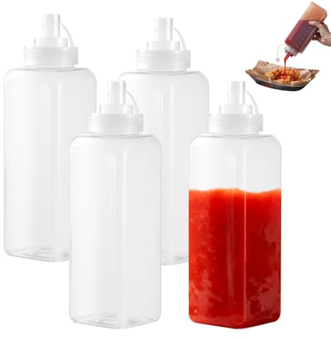 Zuxbolf 4 Pz Bottiglia Squeeze di Plastica da 1000ml,Flacone Dosatore con Tappi,Bottiglia Dosatrice di Salse e Condimento,Bottiglie da Spremere in Plastica per Senape, Salse piccanti, Olio d'Oliva