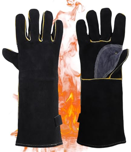 Grillhandschuhe Hitzebeständig 350°c - Feuerfeste Backhandschuhe & Ofenhandschuhe Aus Rindsleder Mit Langem Stulpen (40cm) - Für Grill, Schweißhandschuhe, Kamin, BBQ & Küche - Grau-Schwarz, 1 Paar