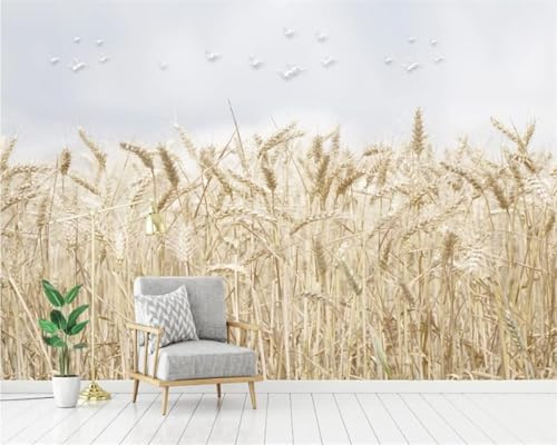 XLMING Simple Cubic Golden Wheat Fringe Bird 3D Wallpaper Premium Textured Silk Study Dining Living Room Bedroom Sofa TV Wall Easy Install-200cm×140cm
